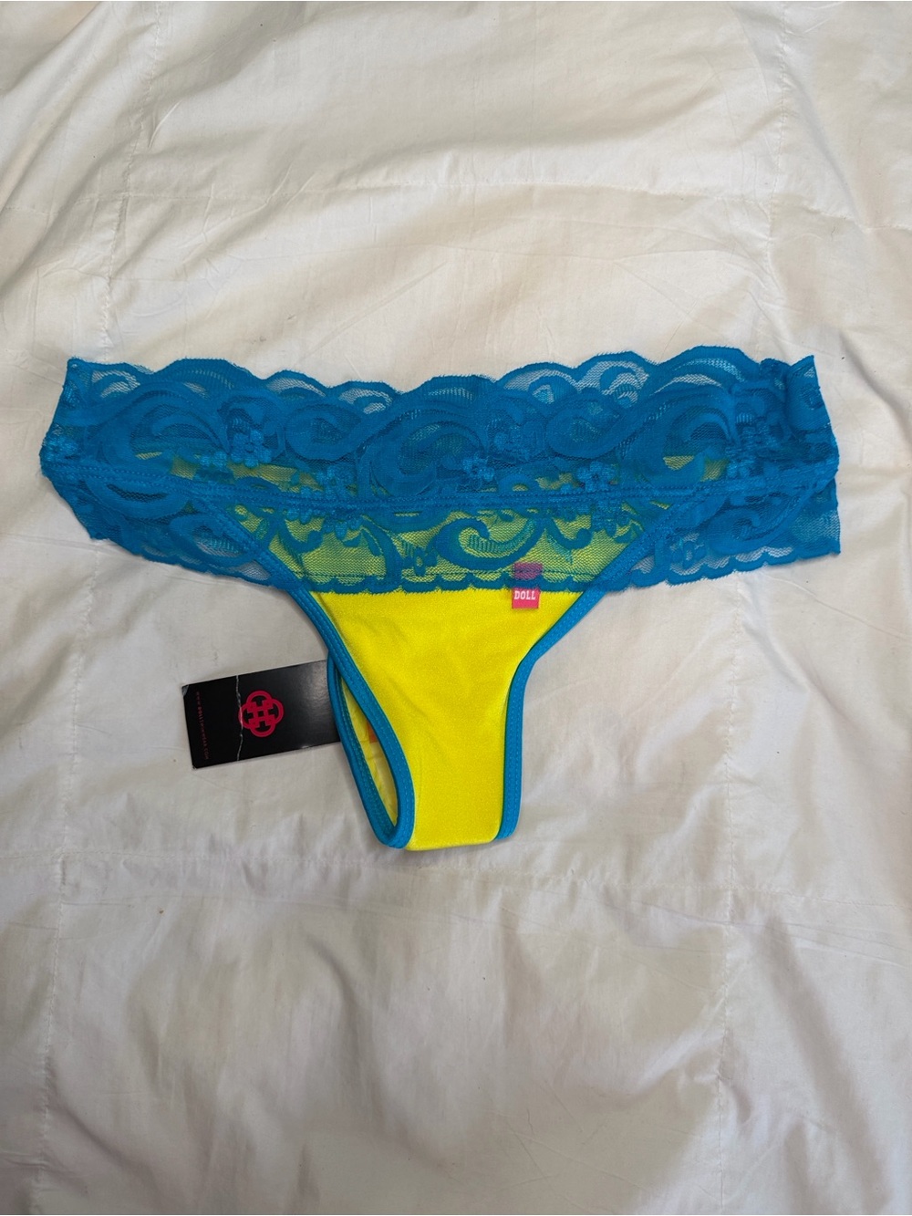 Doll Swimwear Bikini Bottom – Neon Yellow & Turquoise Lace Band (Small)